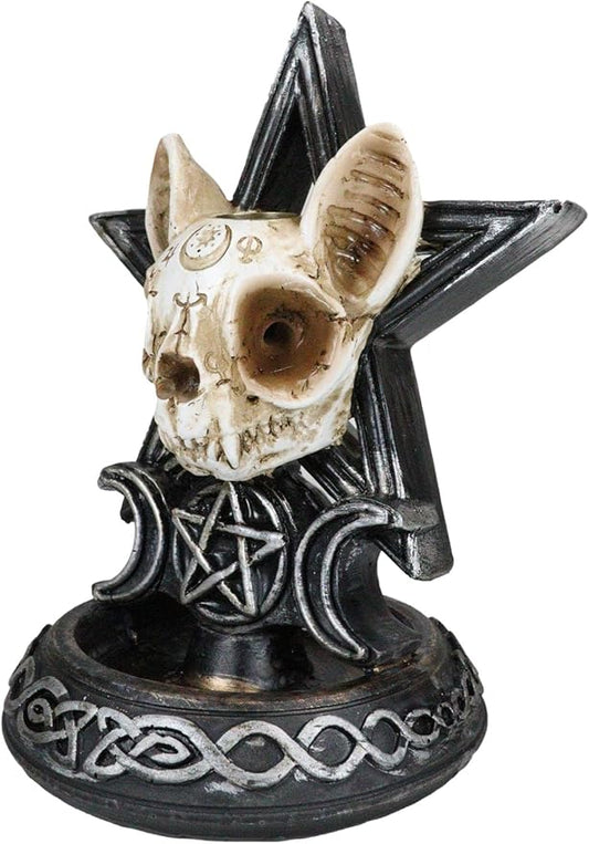 Ebros Gift Paranormal Occult Ouija Cat Skull with Triple Moon and Pentagram Sacred Geometry Backflow Cone Incense Burner Holder with Cascading Smoke Pool Waterfall Effect Figurine