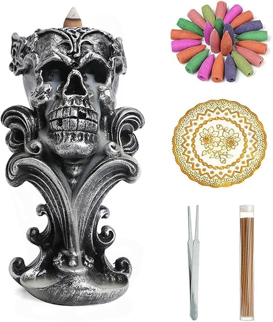 Simcat Skull Incense Burner Holder Purple Clay Backflow Incense Holder with 20 Incense Cones and 1 Box Incense Sticks for Room Office Decor (Skull-2)