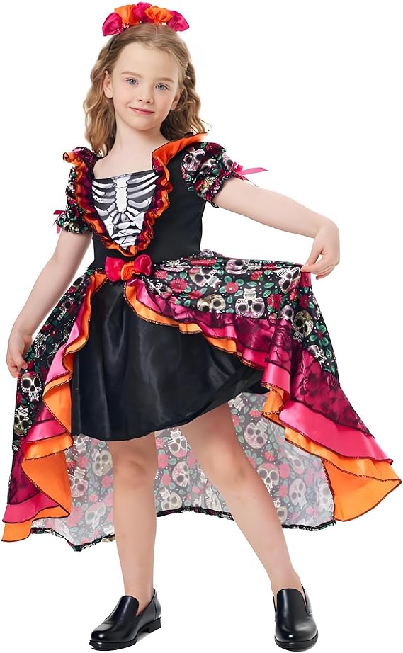 Day of the Dead Costume Girls Mexican Dress for Halloween Cosplay Skull Dress with Dia De Los Muertos Headpiece