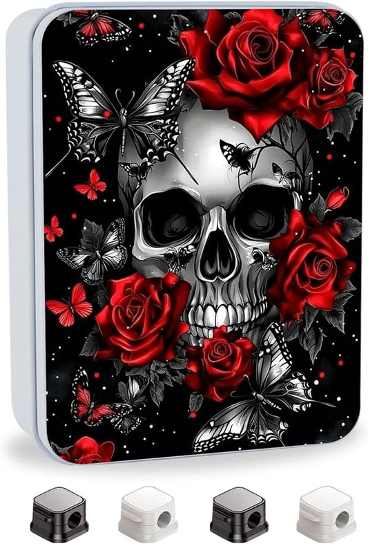 Metal Tin Box with Lid,Multi-functional Storage Large Box Can Store Tea Biscuits Game Cards, Playing & Tarot Cards-Comes with 4 Magnetic Cord Clips,Skull Roses Butterfly