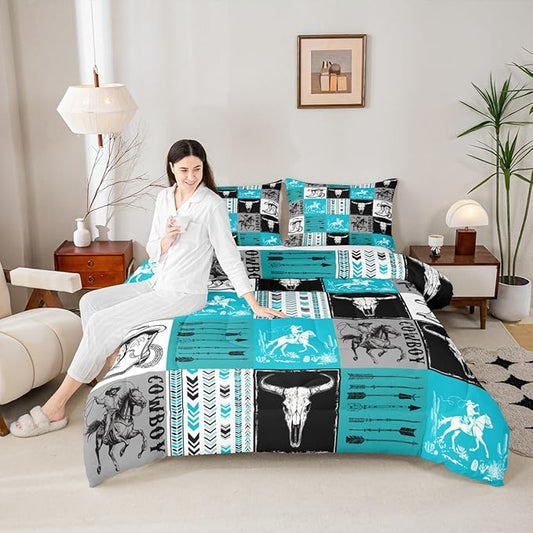 Manfei Cowboy Comforter Set Queen Size, Bull Skull Horse Arrow Quilt Set with 2 Pillowcases, Geometric Grid Blue Plaid Bedding Set 3pcs for Kids Boys Girls Room Decor Western Duvet Insert