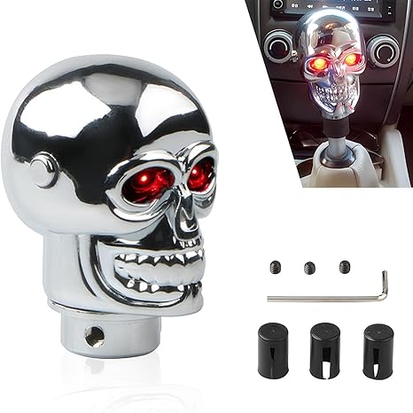 1 PC Car Shift Knob Gear Cover, Skull Shape Manual Vehicle Alloy Shifter with LED Light with M8/M10/M12 Adapter, Personalized Decorative Modification Accessories for Most Cars (Silver & Red)