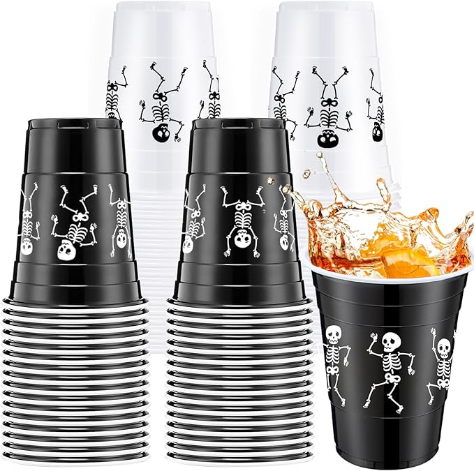 30 Pcs Skeleton Halloween Plastic Cups 16 oz Skull Printed Disposable Party Cups Funny Party Supplies for Soda Juice Drinking Punch Halloween Favors Home (Black White)