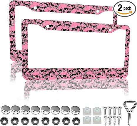 Pink Skull License Plate Frame - 2 Packs Universal Stainless Steel Car License Plate Frames Covers Holder Rustproof for Men Women