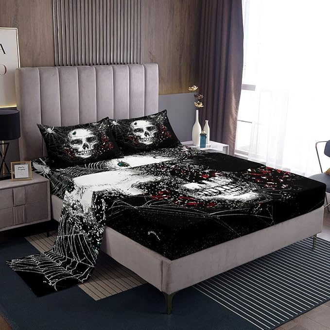 Sugar Skull Sheet Set Gothic Skull Bedding Set for Kids Boys Girls Teens Halloween Themed Bed Sheets Breathable Skeleton Design Bed Sheet Set Butterfly Floral Print Room Decor Bed Set Twin Size
