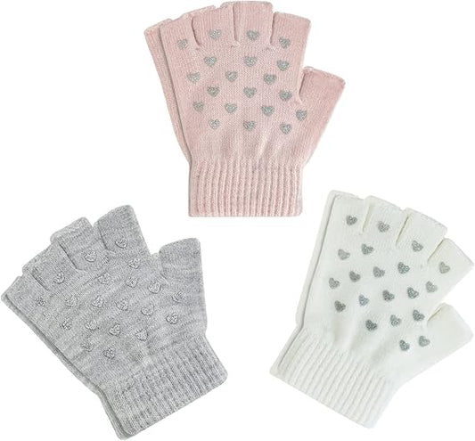 Kids Fingerless Winter Warm Gloves,3 Pairs Half Finger Knitted Magic Stretch Gripper Touchscreen Glove Boys Girls