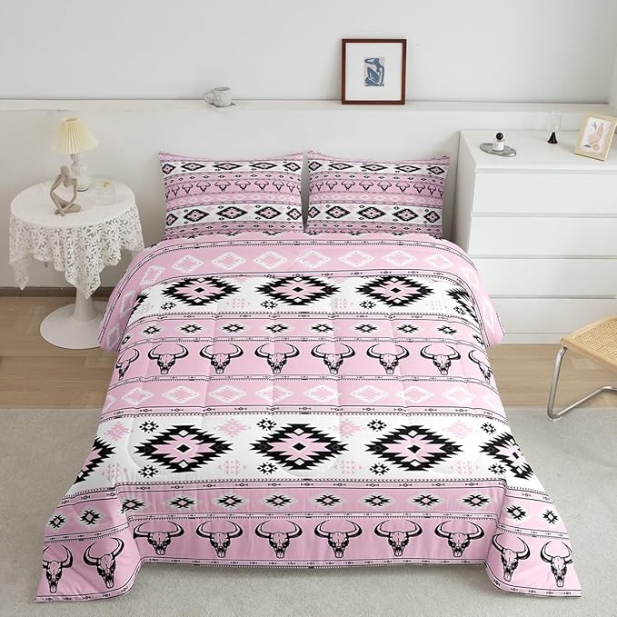 Feelyou Kids Western Bull Skull Comforter Set Full Size, Southwestern Aztec Comforter Boho Tribal Bedding Set Men Women Ethnic Bohemian Rustic Country Teens Duvet Set Bedroom Decor Bed Set 3Pcs