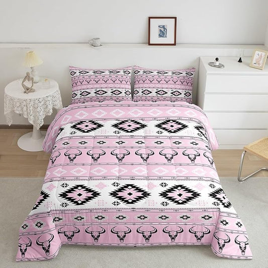 Feelyou Kids Western Bull Skull Comforter Set Full Size, Southwestern Aztec Comforter Boho Tribal Bedding Set Men Women Ethnic Bohemian Rustic Country Teens Duvet Set Bedroom Decor Bed Set 3Pcs