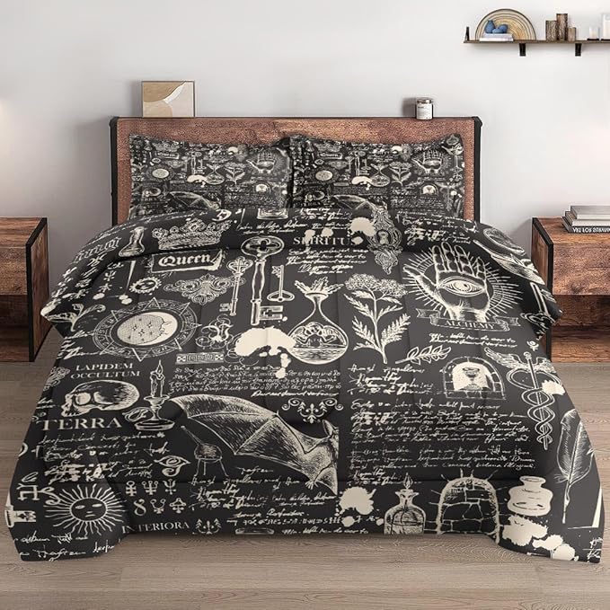 Queen Size Comforter Set with 2 Pillowcases, Gothic Goth Bat Chemistry Science Dark Academia Medieval 3 Pcs Bedding for Adults Bedroom Bed Decor