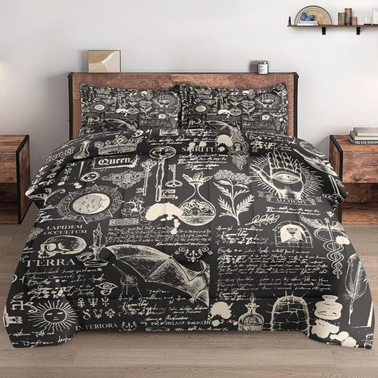 Queen Size Comforter Set with 2 Pillowcases, Gothic Goth Bat Chemistry Science Dark Academia Medieval 3 Pcs Bedding for Adults Bedroom Bed Decor