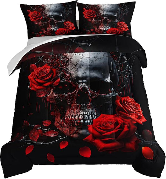 HOSIMA Death Skull Heads Comforter Gothic Bedding Sets,Horror Theme Halloween Bedding Comforter Sets for Teen Girls Boys Room Decor,Red Rose Floral Comforter Queen Size Bed with 2 Pillowcases.
