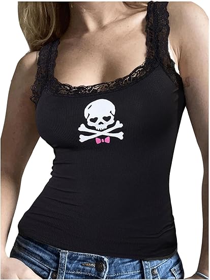 Women's Gothic Skull Print Sleeveless Cami Lace Trim Rib Knit Camisole Top