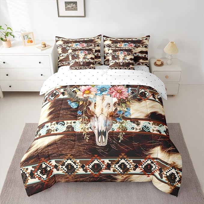 Feelyou Western Aztec Comforter Set with Sheets 7 Piece Queen Size Cowhide Cow Print Retro Fur Bed in a Bag Kids Boys Girls Boho Rustic Farmhouse Bedding Set Exotic Geometric Bedroom Decor Cow Skull