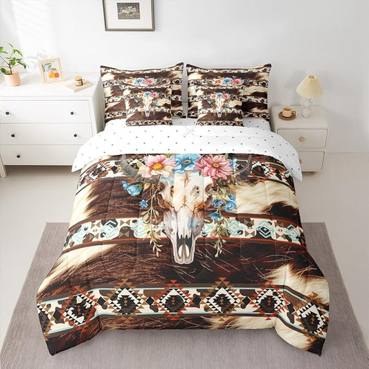 Feelyou Western Aztec Comforter Set with Sheets 7 Piece Queen Size Cowhide Cow Print Retro Fur Bed in a Bag Kids Boys Girls Boho Rustic Farmhouse Bedding Set Exotic Geometric Bedroom Decor Cow Skull