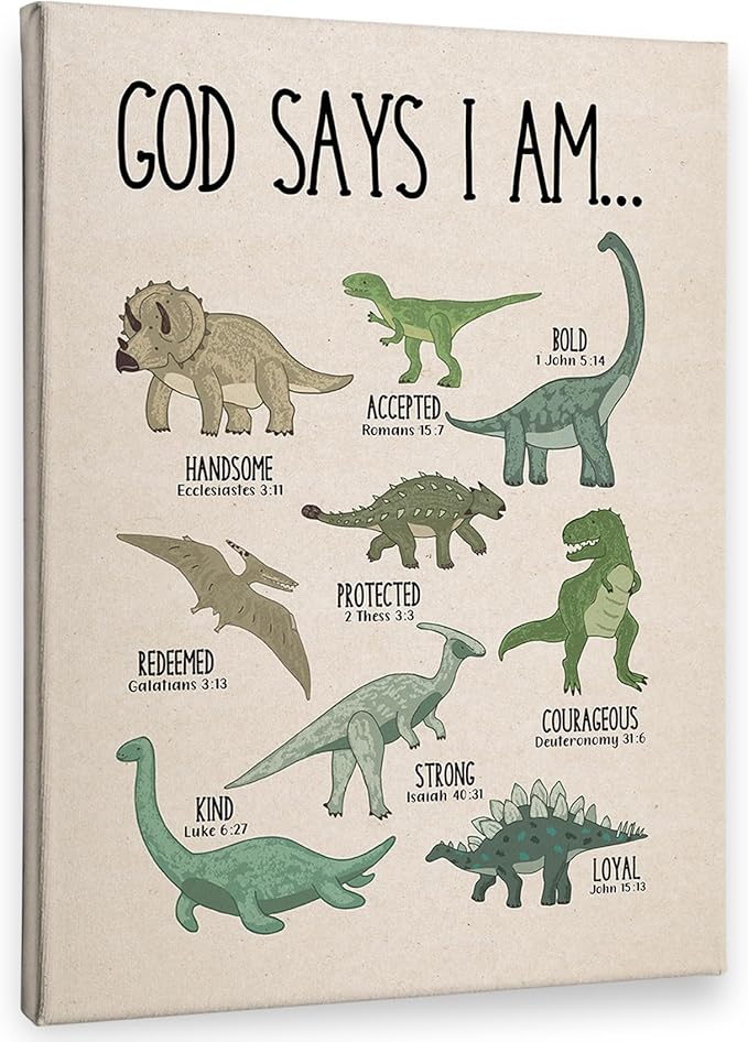 PHAMTE Christian Dinosaur Wall Art Decor Canvas, God Says I Am Bible Verse Dino Pictures Wall Decor Decorations Art, Dinosaur Scripture Framed Prints Artwork for Boys Kids Room Bedroom Playroom 11x14