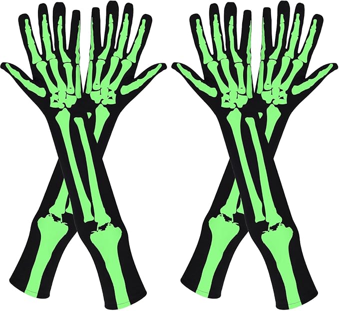 JOVITEC 2 Pairs Skeleton Skull Gloves Long Arm Full Finger Skull Bone Gloves for Halloween Cosplay Parties(Glow Style)