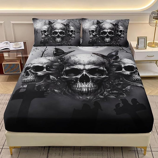 AILONEN Goth Skull Bedding Set Queen Size for Boys,Kids Black Skull Sheet Set,Terror Death Moth Skeleton Fitted Sheet with 2 Pillowcases,3 Pieces