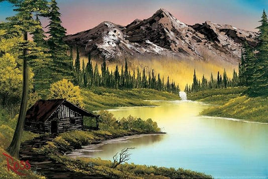 Bob Ross Mountain Retreat Art Print Poster - Happy Accidents Collection - Mountains Painting Cool Wall Decor 16x24