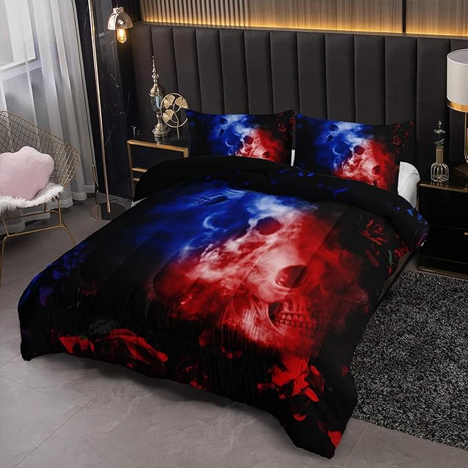 Smoke Skull Comforter Set Full for Adults 3Pcs,Red and Blue Skeletons Comforter Soft Warm Comforer for All Season Room Decor with 1 Comforter and 2 Pillow Case