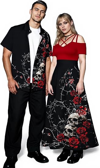 Rosegal Matchable Couples Halloween Rose Skulls Outfits Men Shirt or Plus Women Cold Shoulder Short Sleeves Dress