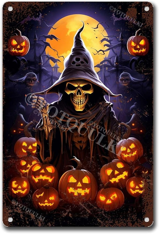 Halloween Metal Tin Sign Pumpkins Skull Retro Iron Painting Bar Sign People Cave Decor Cafe Family Posters Decoration 8.00"x12.00"