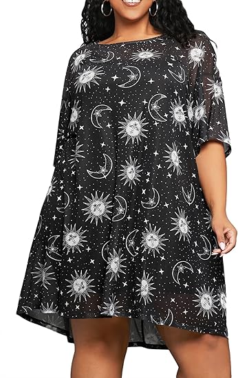 Women's Plus Size Galaxy Print Mesh Round Neck Short Sleeve Drop Shoulder Tee Dress