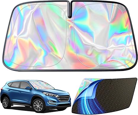 Car Windshield Sun Shade,5-Layer Reflective Blocks UV & Heat,Heavy Duty Foldable Sunshade with Metal Frame, Iridescent Color Keep Car Interior Cool,Universal Fit for Cars,Trucks,SUVs (58 * 31inch)