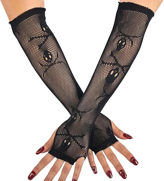 Black Halloween Gloves Skull Fishnet Glove Fingerless Glove Festival Cosplay Gothic Gloves for Women
