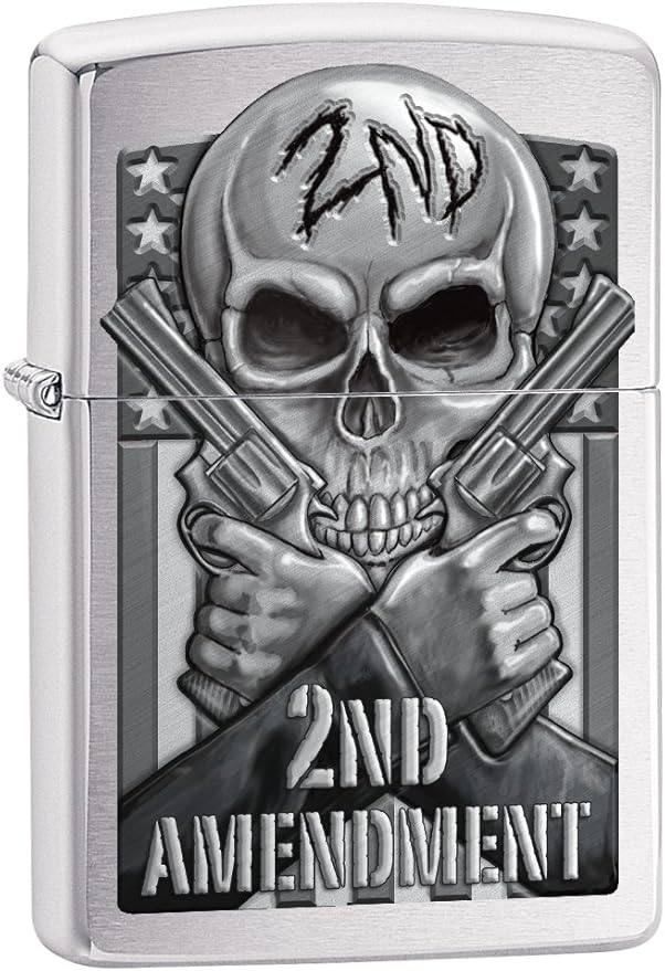 Zippo Lighter: Second Amendment, Skull and Guns - Brushed Chrome 78702