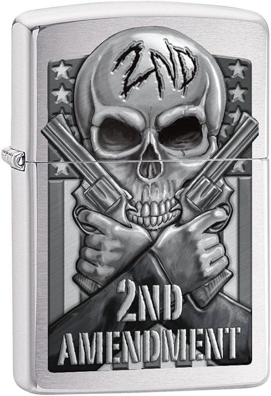 Zippo Lighter: Second Amendment, Skull and Guns - Brushed Chrome 78702