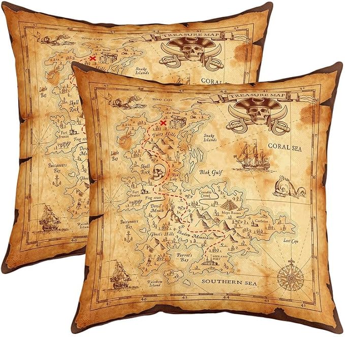 Feelyou Set of 2 Nautical Island Map Throw Pillow Covers, Old Map Pirate Ship Cushion Case for Home Living Room Decor, Reversible Ocean Skull Decorative Throw Cushion Case, 24x24 Inches