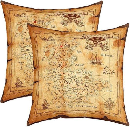 Feelyou Set of 2 Nautical Island Map Throw Pillow Covers, Old Map Pirate Ship Cushion Case for Home Living Room Decor, Reversible Ocean Skull Decorative Throw Cushion Case, 24x24 Inches