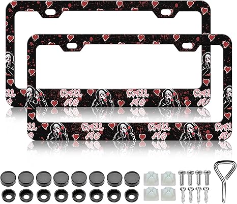 2 Pack Ghost Skull License Plate Frames Cute Goth Horror Ghost License Plate Holder Stainless Steel Rust-Proof Waterproof Car Decorative Tag Frames for Standard US 12x6 Inch