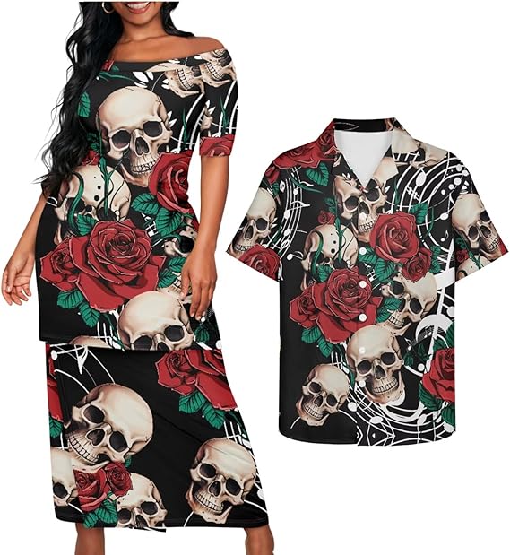 Hawaiian Matching Clothes for Couples Women's Off Shoulder Dress and Mens Button Down T Shirt