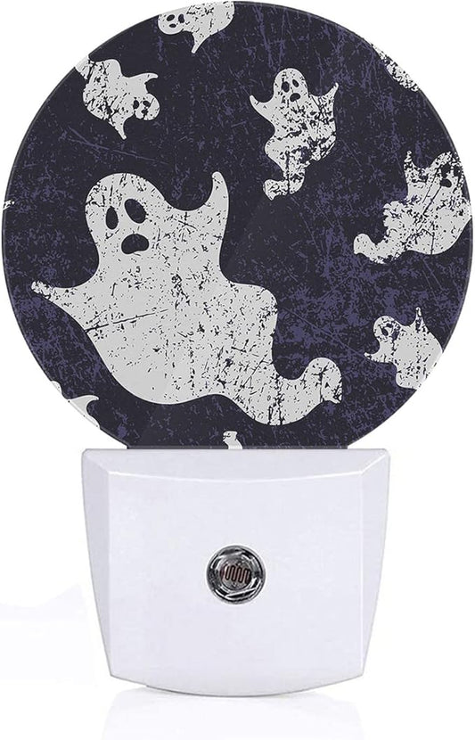 Axayaz Ghost Night Light Plug Into Wall Halloween Scary Skull Ghosts Spirit in Vintage Doodle Purple White Auto Sensor LED Dusk to Dawn Light for Bedroom Staircase