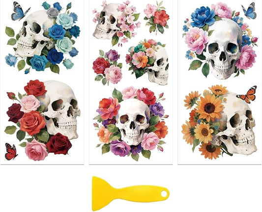 Peacoblue Rub on Transfer Decal Sticker for Furniture Craft Decor 6"x12" Skull and Flower, 3Pcs Waterproof UV DTF Transfer for Drawer Dresser Glass Porcelain Wood Plastic