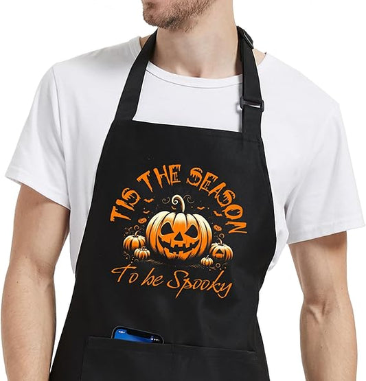 Funny Holiday Aprons for Men Women with Pockets, Fall Apron for Cooking Kitchen, Gifts for Thanksgiving Halloween