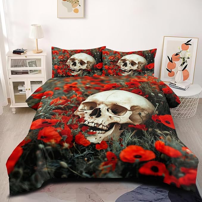Gothic Skull Comforter Set Queen Size, Black Red Floral Microfiber Bedding Set, Cozy Halloween Bedroom Decor for Adult/Women