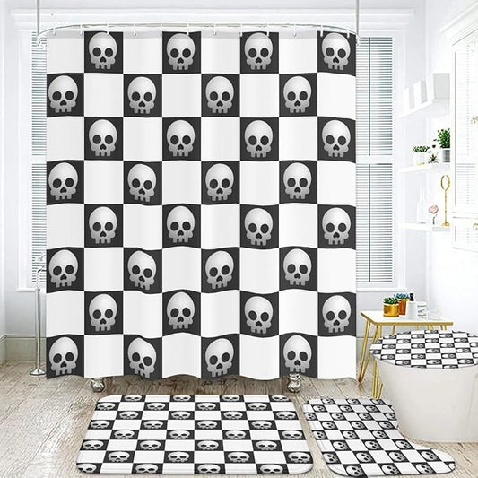 Halloween Skull Bathroom Set with Shower Curtain, 4-Piece Bath Mat Set, Black and White Checkered Design, 12 Hooks Included, Gothic Decor