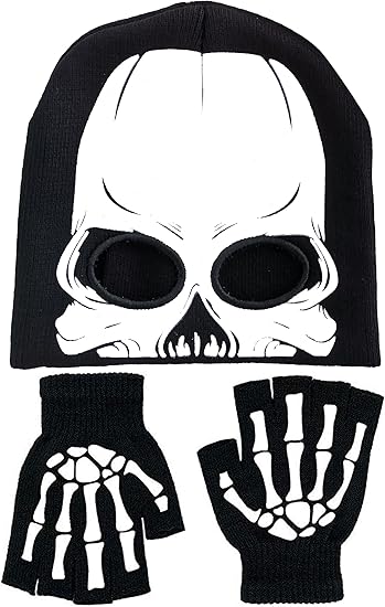 Skeleton Face Mask Knit Beanie with Eye Holes Halloween Skull Dress Up Headdress Cap Winter Warm Hat