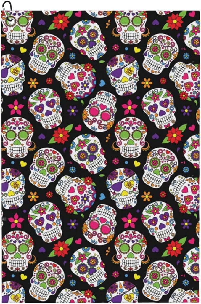 Day of The Dead Sugar Skull Golf Towel for Golf Bags with Carabiner Clip 16 X 24 Inches Absorbent Microfiber Golf Towels for Men and Women Golf Accessories Golf Gifts for Men