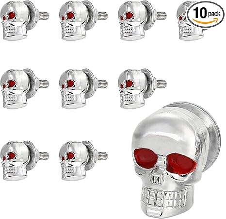 10 Pcs Punk Skull License Plate Frame Screws, Motorcycle Front and Rear License Plate Bolt Fasteners, Windshield Trim Cover Tamper Resistant Mounting Hardware for Modified Cars Motorcycles (Silver)