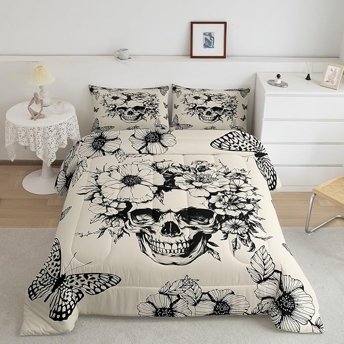 Feelyou Vintage Gothic Skull Bedding Set Full Size Kids Rock Roll Bone Death Comforter Set for Boys Girls Flower Sugar Skull Duvet Quilt