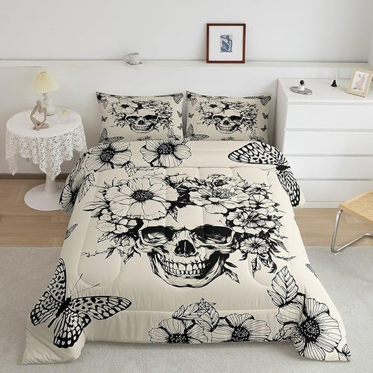 Feelyou Vintage Gothic Skull Bedding Set Full Size Kids Rock Roll Bone Death Comforter Set for Boys Girls Flower Sugar Skull Duvet Quilt