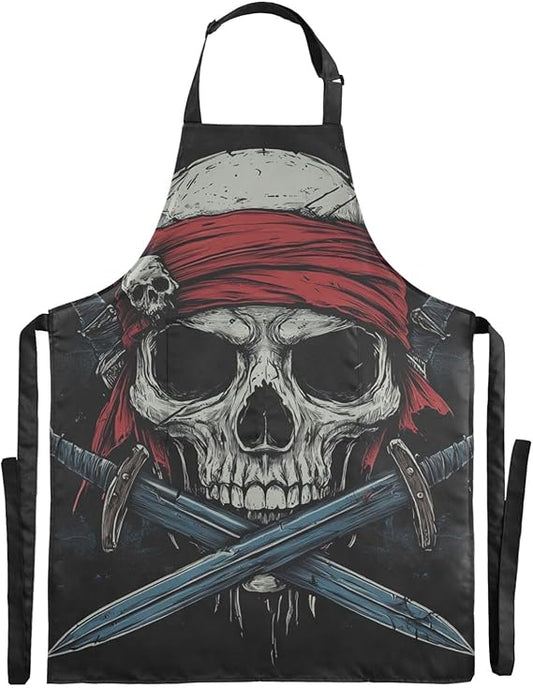 ALAZA Pirate Skull Wearing A Red Bandana with Crossed Swords Adjustable Bib Cooking Kitchen Aprons with 2 Pockets