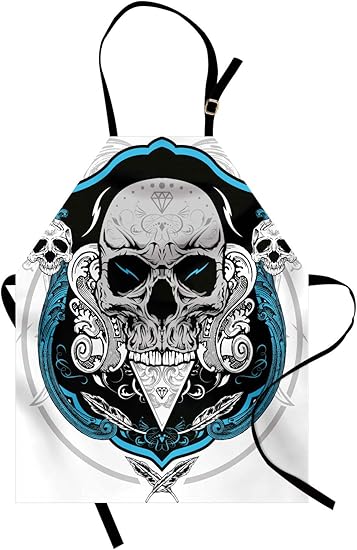 Lunarable Skull Apron, Evil Dead Head Skeleton Leaf Details Gothic Mexican Work of Art Print, Unisex Kitchen Bib Apron with Adjustable Neck for Cooking Baking Gardening, Grey White Blue