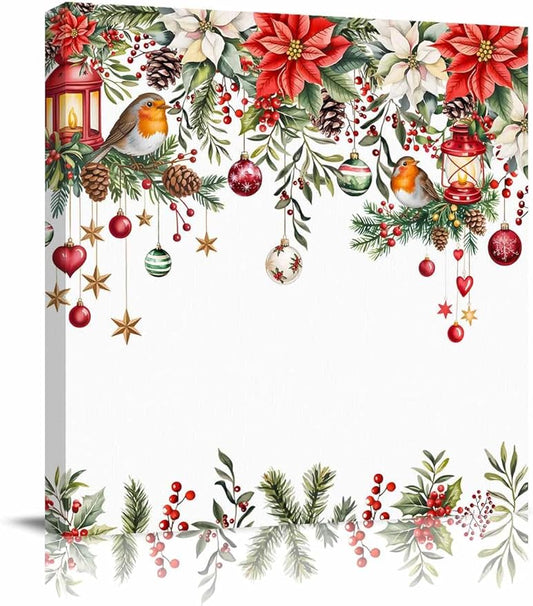 Christmas Balls Canvas Wall Art - Xmas Poinsettia Red Flowers Green Plants Leaf Berry Birds - Modern Wall Decor Gallery Canvas Wraps Giclee Print Stretched and Framed Ready to Hang - 12" x 12"