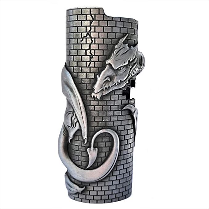 Dragon Tower Skull Skeleton Metal Lighter Case Cover Holder fits BIC Full Standard Size Lighter J6