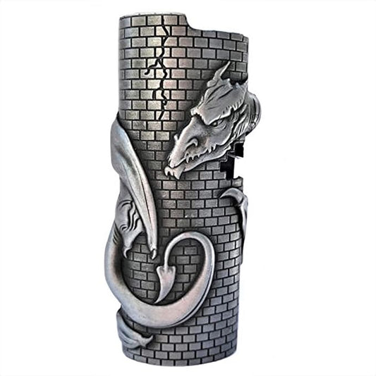 Dragon Tower Skull Skeleton Metal Lighter Case Cover Holder fits BIC Full Standard Size Lighter J6