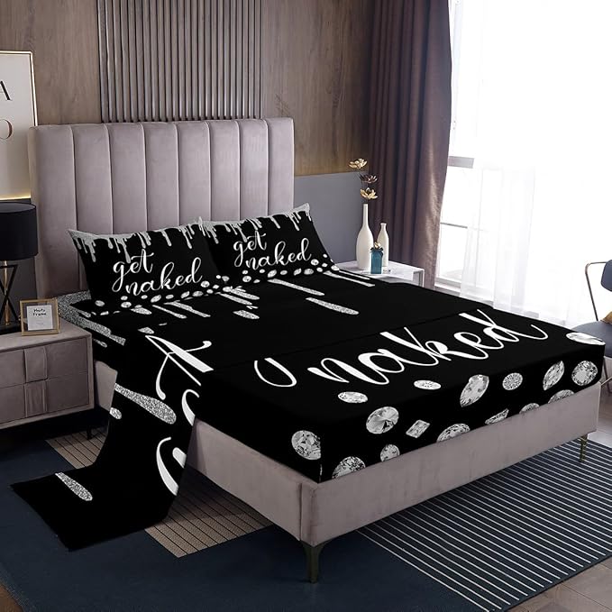 Get Naked Sheet Set King Size,Sliver Diamond Glitter Print Bedding Set Teens Girls Women Couple Room Decor,Valentine's Day Funny Quotes Fitted Sheet Luxury Black Top Flat Sheet,2 Pillowcases